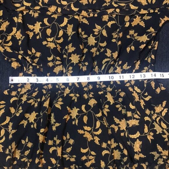 Black & Gold Floral Long Puffed Sleeve Dress Elastic Waist Layered Ruffle Hem-L - Picture 13 of 14